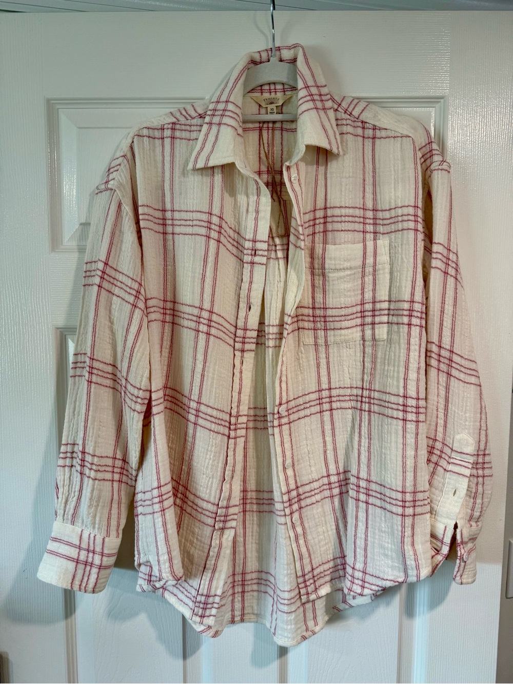 Faherty Cream Cotton Gauze Button-Up Shirt with Pink Plaid Pattern, XS